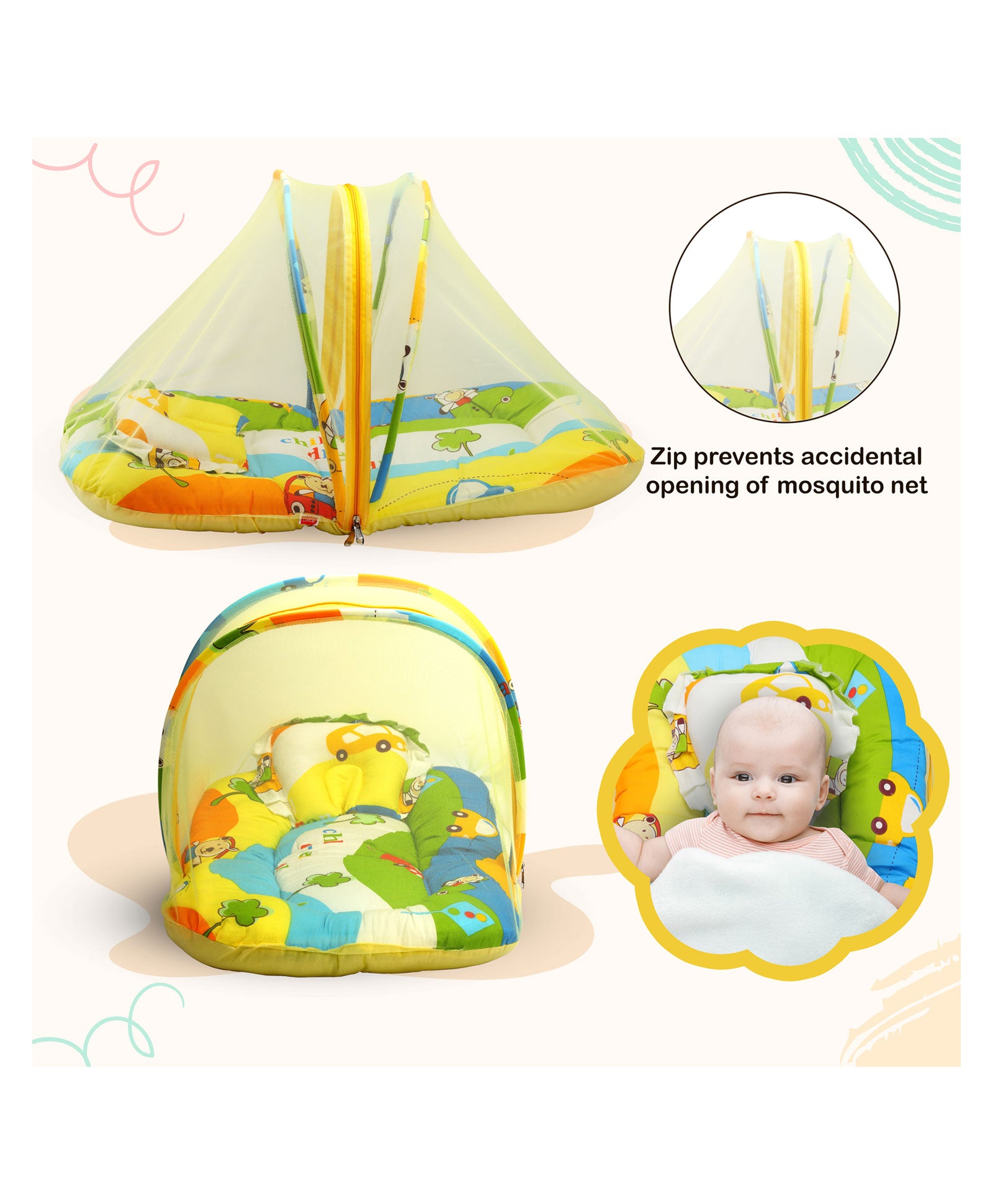 This cotton baby bedding set contains one mosquito net with a zip closure one polyfill mattress one Pillow