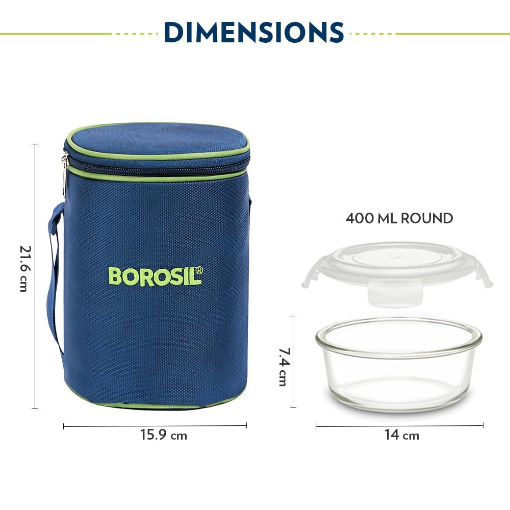 Borosil Mealbox Glass Microwable Lunch box set of 3pcs Round 400ml SKU8790