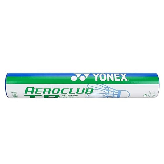 A tube of Yonex Aeroclub TD badminton feather shuttlecocks with a white and blue design, including the Yonex logo and product information.
