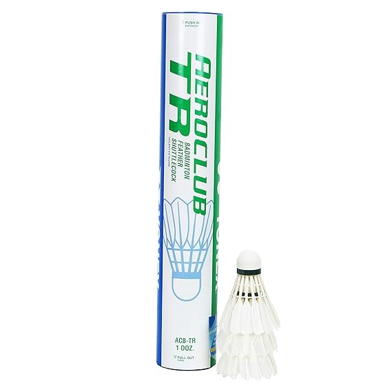 A tube of Yonex Aeroclub TD badminton feather shuttlecocks with a white and blue design, including the Yonex logo and product information.