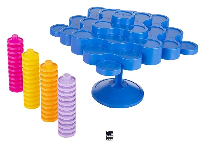 game dice, topple tower, 48 playing pieces and a game stem