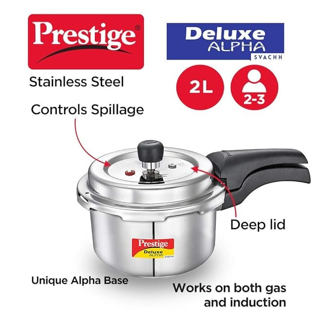  Prestige Svachh Deluxe Alpha pressure cooker Its 2.0 liter capacity and stainless steel construction 