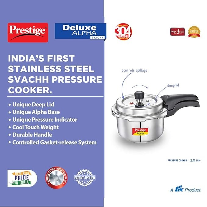  Prestige Svachh Deluxe Alpha pressure cooker Its 2.0 liter capacity and stainless steel construction 