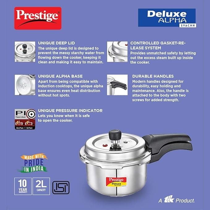  Prestige Svachh Deluxe Alpha pressure cooker Its 2.0 liter capacity and stainless steel construction 