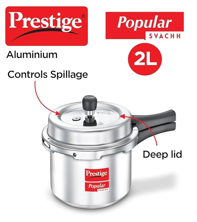 the Prestige Popular Svachh Aluminium Outer Lid Pressure Cooker. The 2.0 litre medium size is perfect for cooking meals for your family