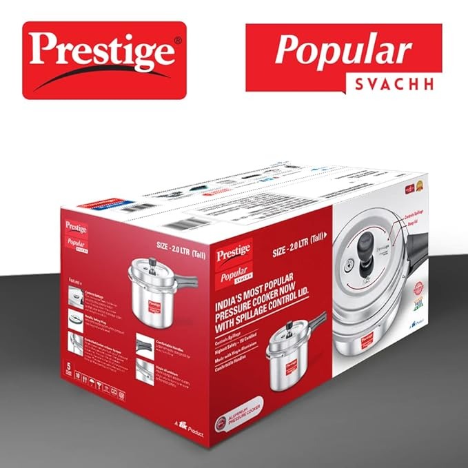 the Prestige Popular Svachh Aluminium Outer Lid Pressure Cooker. The 2.0 litre medium size is perfect for cooking meals for your family