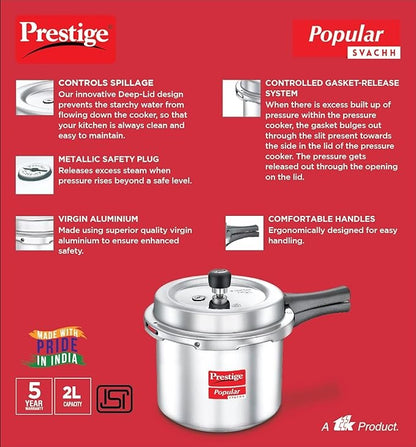 the Prestige Popular Svachh Aluminium Outer Lid Pressure Cooker. The 2.0 litre medium size is perfect for cooking meals for your family