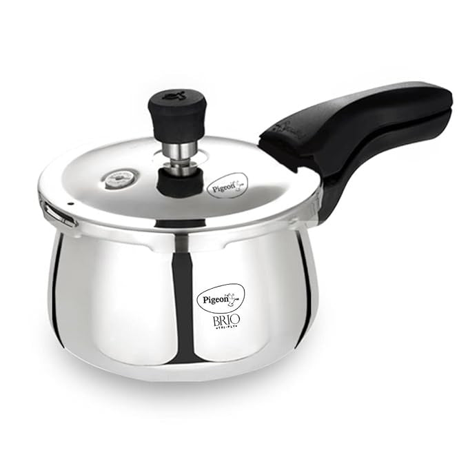 the Pigeon by Stovekraft Brio Triply Outer Lid Pressure Cooker Its triply construction ensures even heat distribution for perfectly cooked meals