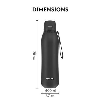 Borosil Rivera Black Insulated Water Bottle, Stainless Steel Bottle 600 ml SKU1145 (ITN)