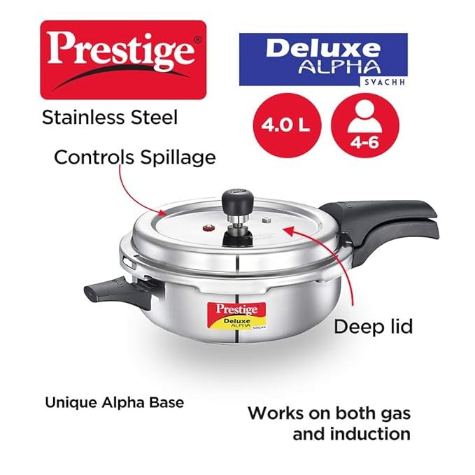 Prestige 4L Svachh Deluxe Alpha Senior Pressure Pan Its deep lid design prevents spills while cooking making it perfect for 4 to 6 people