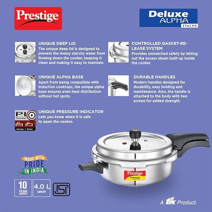 Prestige 4L Svachh Deluxe Alpha Senior Pressure Pan Its deep lid design prevents spills while cooking making it perfect for 4 to 6 people