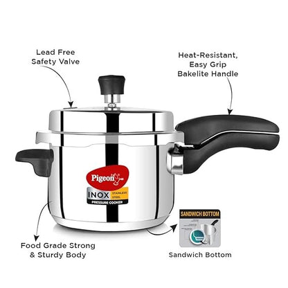 This Pigeon pressure cooker is made of durable stainless steel and features an induction base ensuring efficient and evenly cooked meals