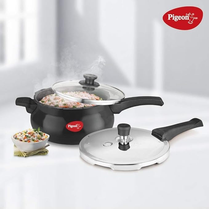  the Pigeon Pressure Cooker The durable titanium hard anodized aluminum construction induction base and stainless steel and glass lids 