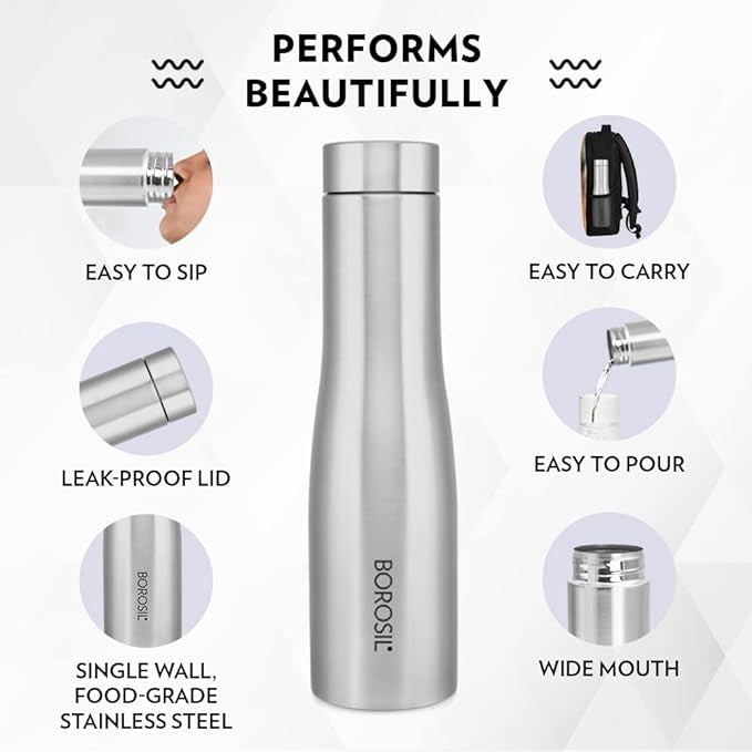 Borosil Swan Stainless Steel 1 Litre Water Bottle For Home & Office