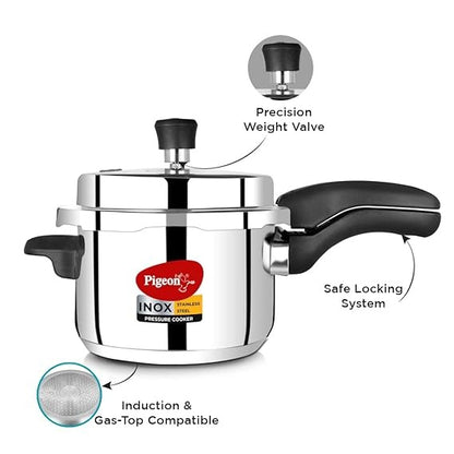 This Pigeon pressure cooker is made of durable stainless steel and features an induction base ensuring efficient and evenly cooked meals