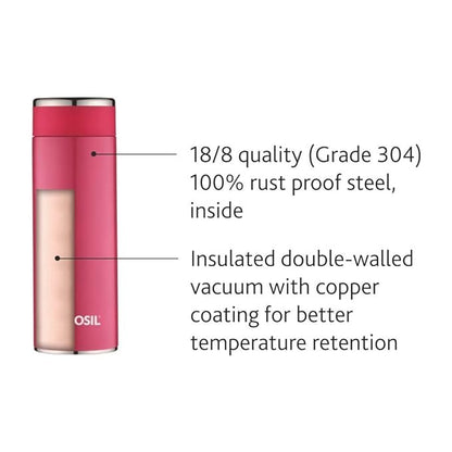 Borosil - Stainless Steel Hydra Travelsmart - Vacuum Insulated Flask Water Bottle, 360 ML, Pink