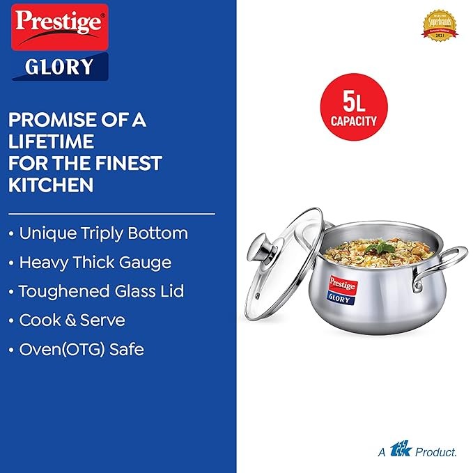  Prestige Glory Stainless Steel Cookware Handi is a versatile addition to any kitchen With its 22 cm size and 5.0 L capacity