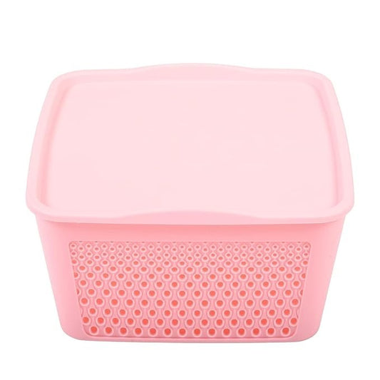 Multipurpose Netted Design Unbreakable  Square Shape Plastic Storage Basket with lid  Pink