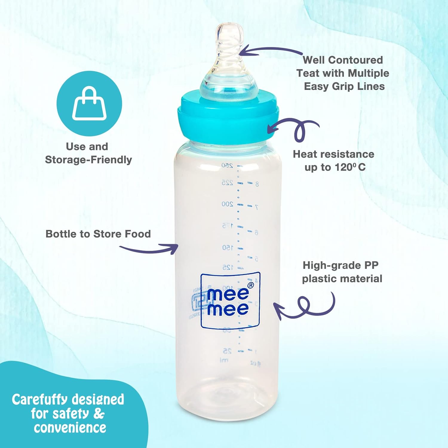 Mee Mee Baby Feeding Bottle with Spoon 250ml Blue 0 Months to 3 Years