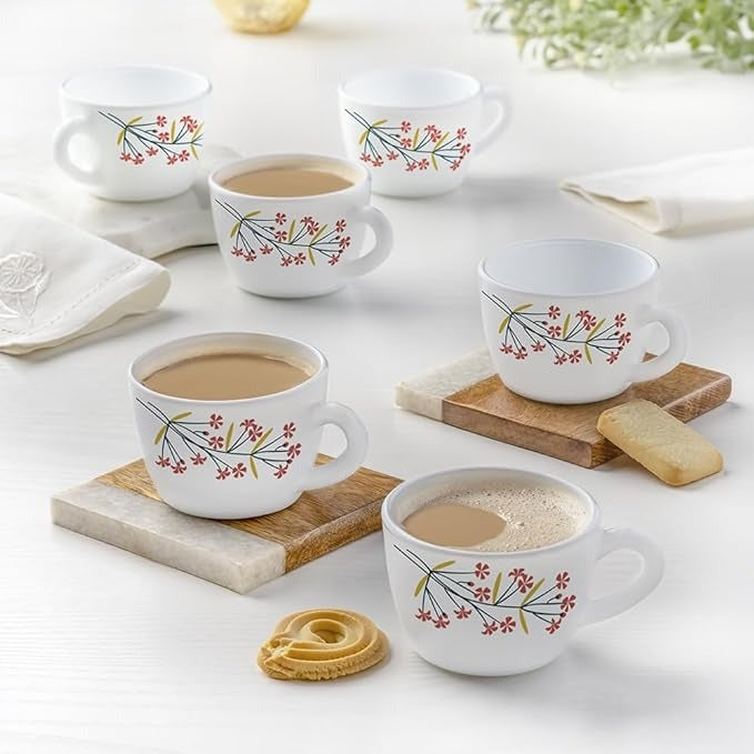  cups and saucer set which should be noticed are that it is - lightweight, toughened glass, extra strong, food-grade, 100-percent hygienic, microwave, oven, fridge, freezer, and dishwasher safe