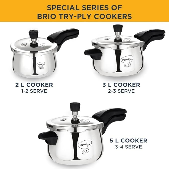 the Pigeon by Stovekraft Brio Triply Outer Lid Pressure Cooker Its triply construction ensures even heat distribution for perfectly cooked meals