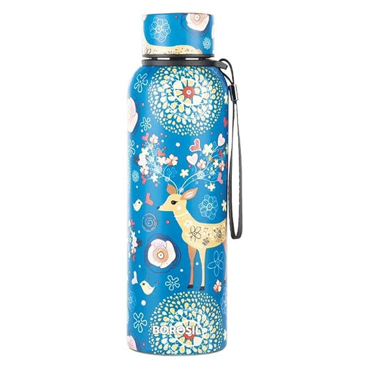 blue printed water bottle