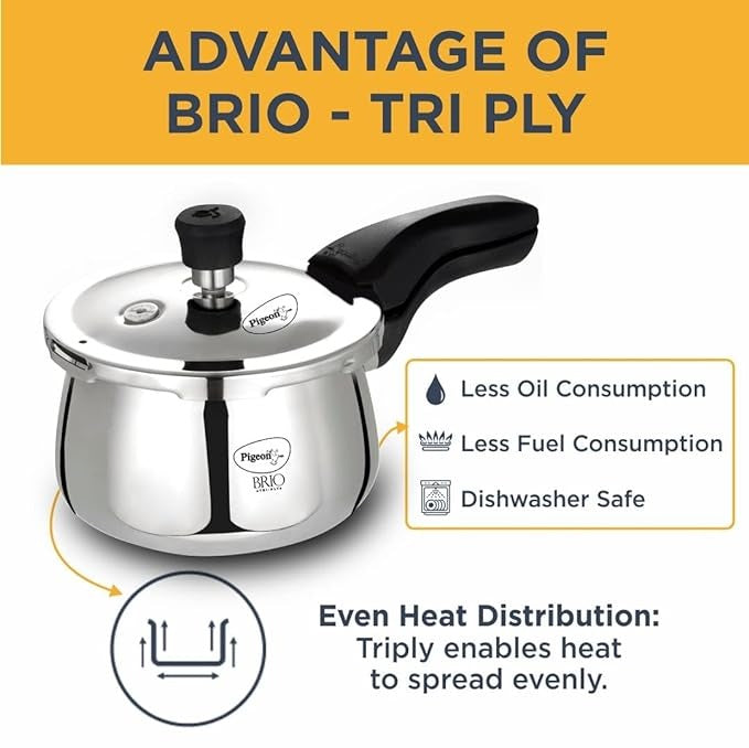 the Pigeon by Stovekraft Brio Triply Outer Lid Pressure Cooker Its triply construction ensures even heat distribution for perfectly cooked meals