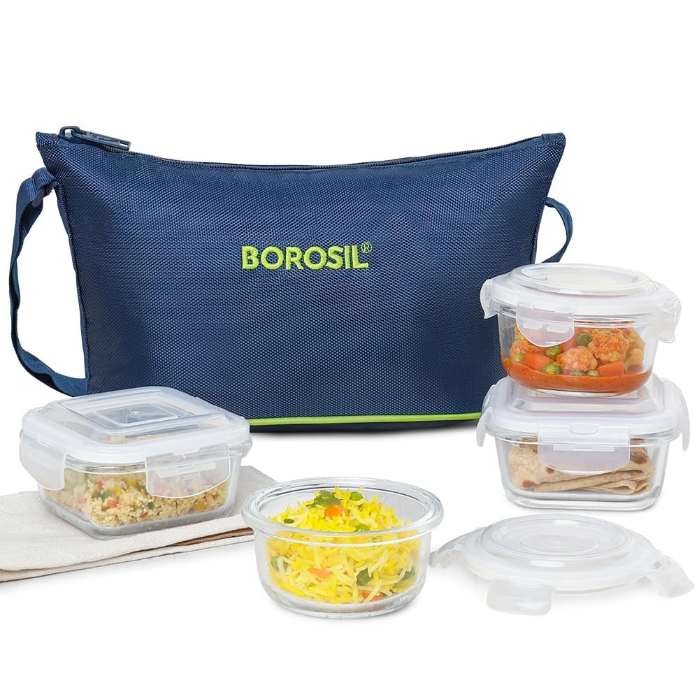 Borosil Glass  Microwave Safe  (Blue, 2 pcs 320 ml Square, 2pcs 240 ml Round) -Set of 4