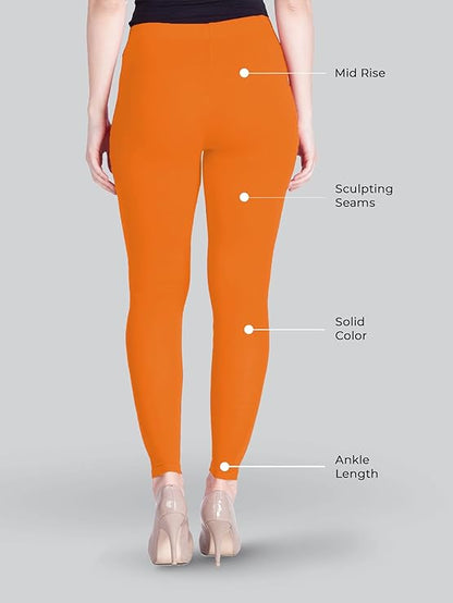 Lyra Women Solid Premium Cotton Ankle Length Leggings | Mid-Waist | Fashionwear(Saffron)