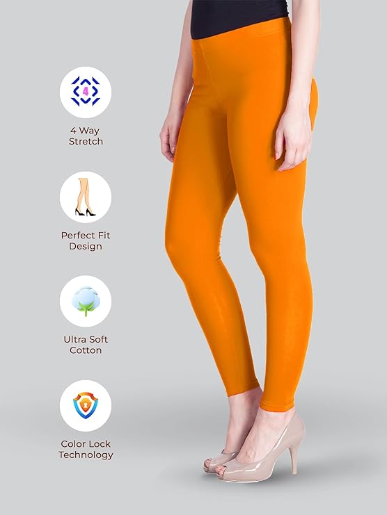 Lyra Women Solid Premium Cotton Ankle Length Leggings | Mid-Waist | Fashionwear(Saffron)