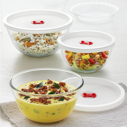  Borosil Glass Mixing Bowl set The set includes 3 sizes with matching lids for easy storage