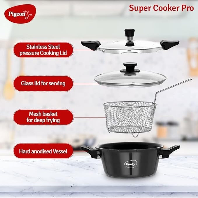 the Pigeon Super Cooker This all in one cooker features a pressure cooker outer lid glass lid and deep frying basket making it perfect for versatile cooking