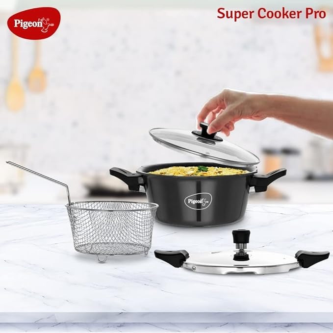 the Pigeon Super Cooker This all in one cooker features a pressure cooker outer lid glass lid and deep frying basket making it perfect for versatile cooking