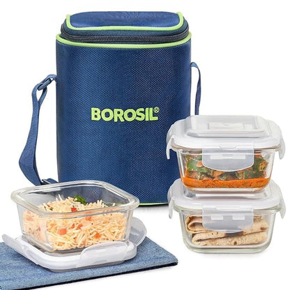 Borosil - Glass Lunch Box Square Set Of 3, Clear, 320 Ml, Microwave Safe Office Tiffin