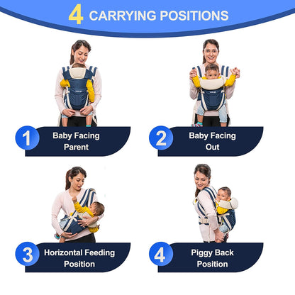 Front carry facing out and Back carry options provide ergonomic positions for comfortable carrying