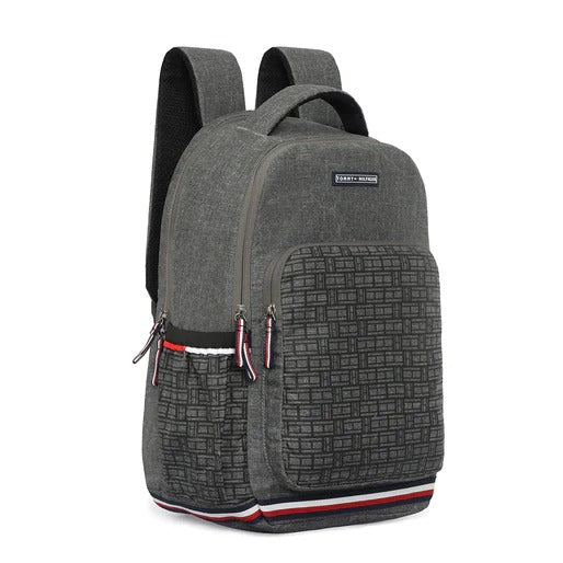 Tommy Hifilger bag,  Compartment 2, Laptop Backpack, grey , fashion, stylish, comfortable,red and black lines 