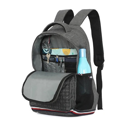 Tommy Hifilger bag, Compartment 2, Laptop Backpack, grey , fashion, stylish, comfortable,red and black lines