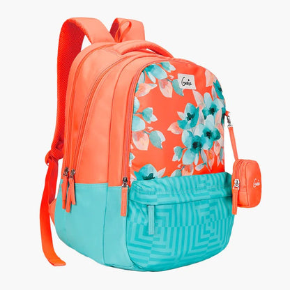 GENIE GRACE Backpack , 3 compartments, orange and blue , printed, fashion, comfort, for girles floral, college and laptop bag