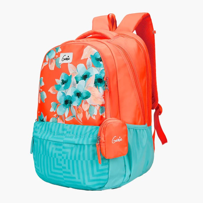 GENIE GRACE Backpack , 3 compartments, orange and blue , printed, fashion, comfort, for girles floral, college and laptop bag