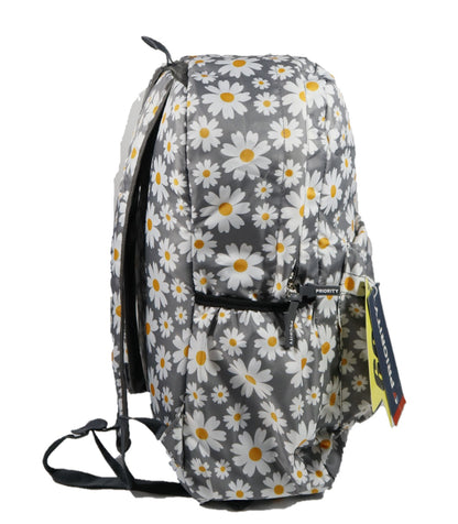 Girls college bag,with grey white  and yellow flowers  printed