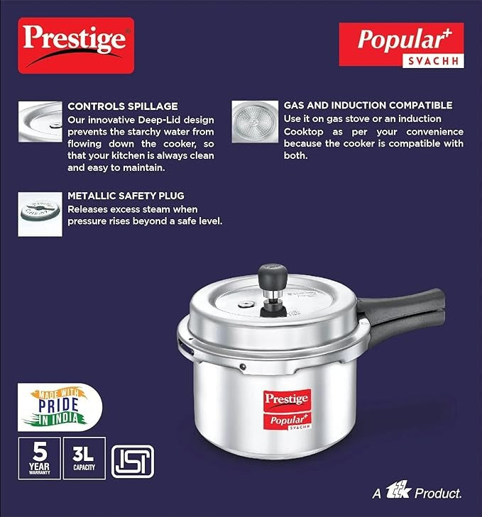 the Prestige Popular Plus pressure cooker Made from high quality virgin aluminum