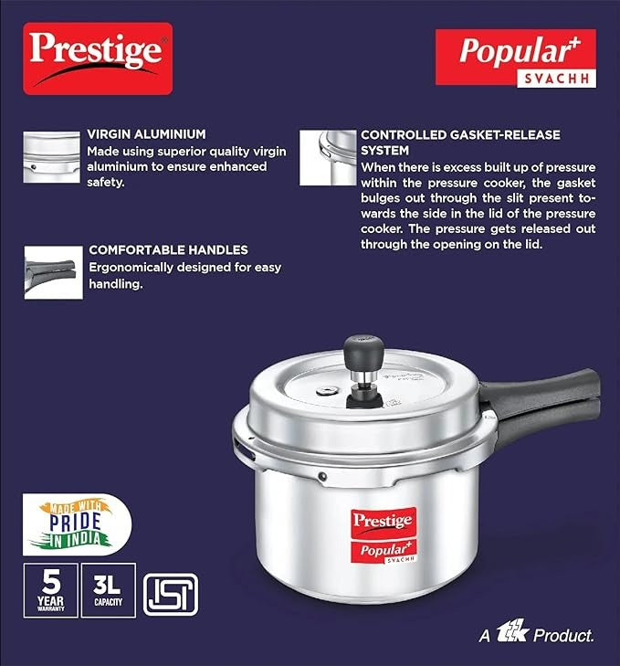 the Prestige Popular Plus pressure cooker Made from high quality virgin aluminum