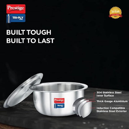 Prestige Aluminium Tri Ply Tope Cookware silver pot comes with a non stick lid