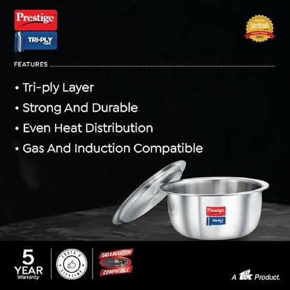 Prestige Aluminium Tri Ply Tope Cookware silver pot comes with a non stick lid