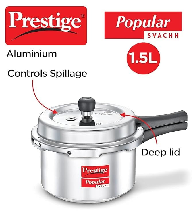  high-quality Prestige Cooker. Made with durable stainless steel and aluminum, this sleek silver piece will elevate your cooking experience