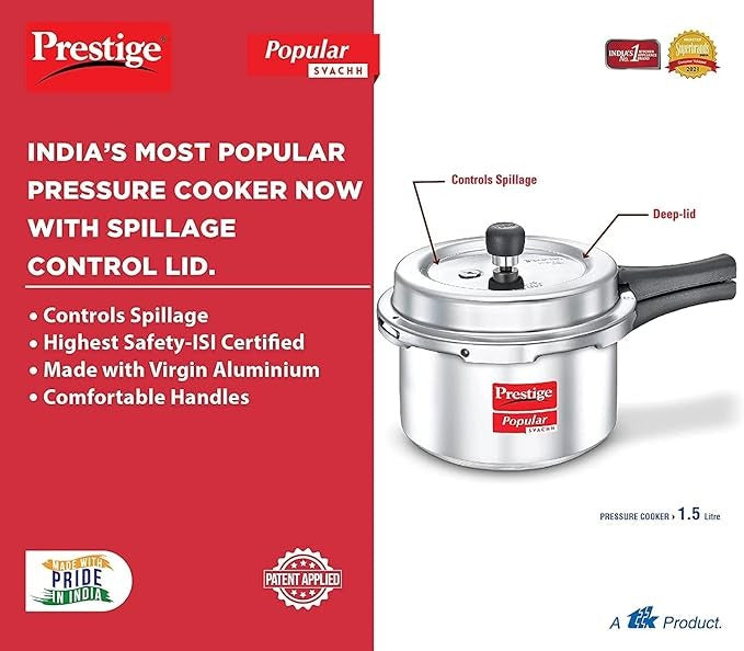  high-quality Prestige Cooker. Made with durable stainless steel and aluminum, this sleek silver piece will elevate your cooking experience