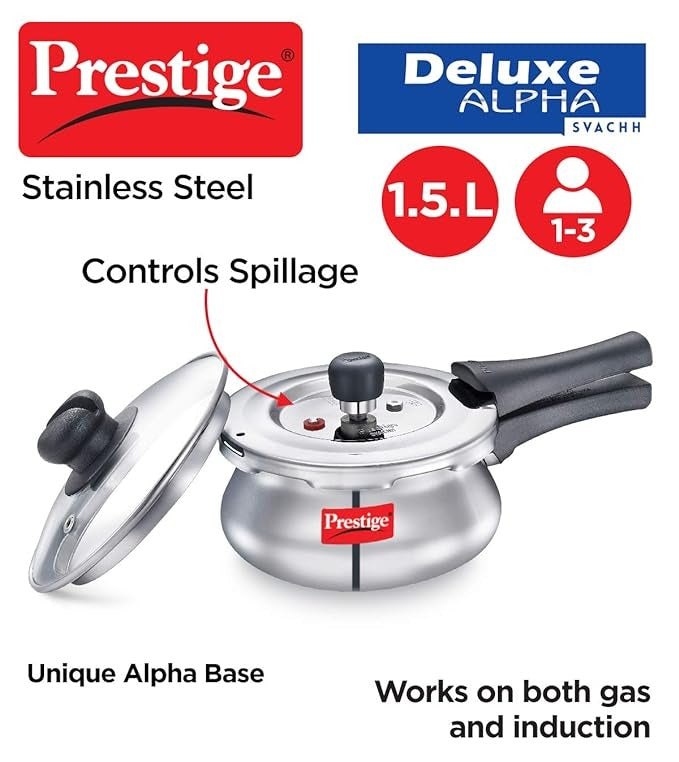  Prestige Deluxe Alpha Svachh Pressure Cooker This 1.5L stainless steel cooker 