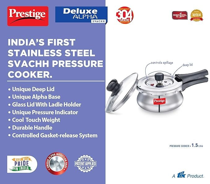  Prestige Deluxe Alpha Svachh Pressure Cooker This 1.5L stainless steel cooker  