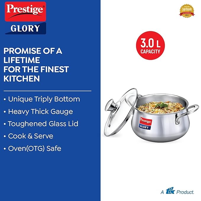 Prestige Glory Stainless Steel Handi Its unique triply bottom ensures even heat distribution