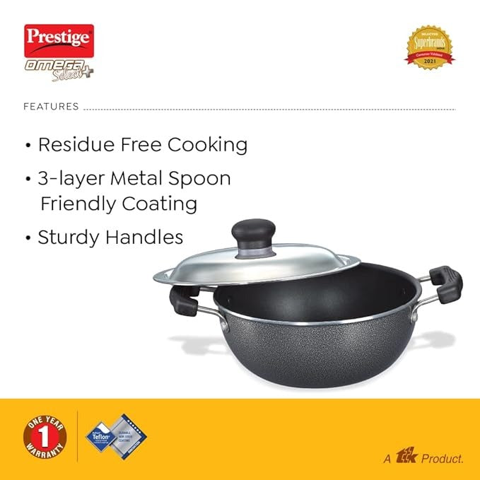  Prestige Omega Select Plus Aluminium Non Stick Flat Base Kadhai This 27 cm black kadhai comes with a lid for added convenience